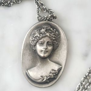 1970s Vintage Pewter Gibson Girl Pendant Necklace